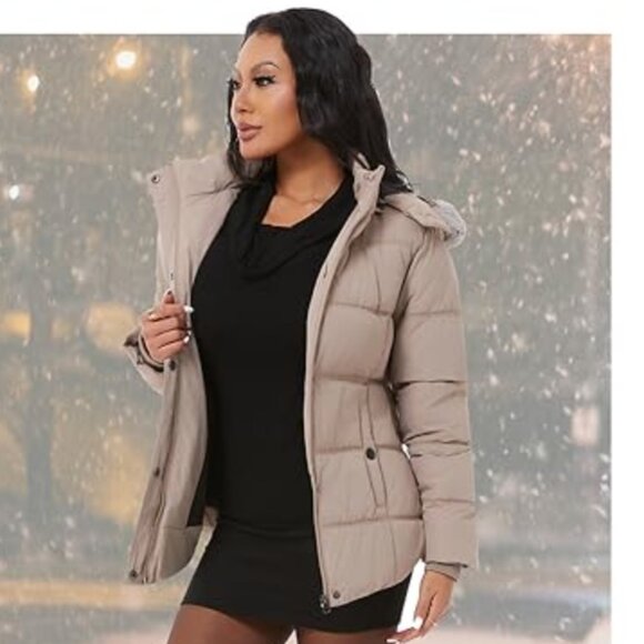 Oelise Women's Fur-Trim Hooded Puffer Coat in Khaki / Taupe Size Small - Picture 2 of 16